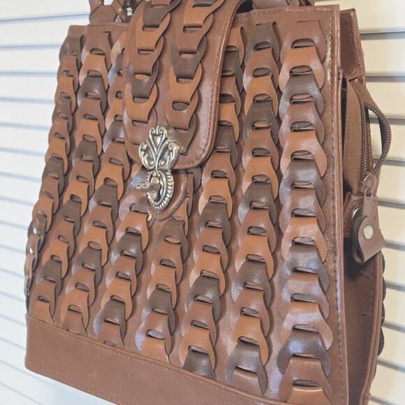 Braided Quality Leather Shoulder Bag Cognac Brown Retro Brushed Silver Closure - Picture 3 of 12